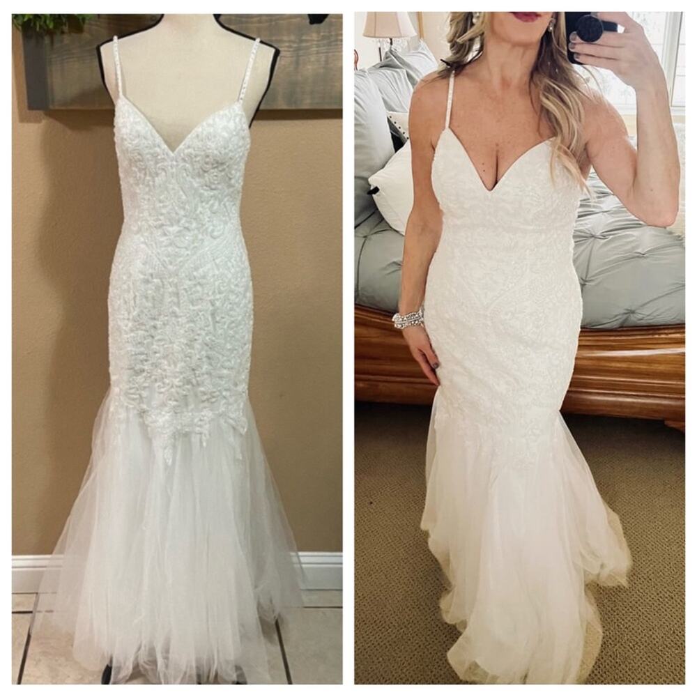 NWOT Lulus Dream Romance White Beaded Tulle Trumpet Maxi Dress